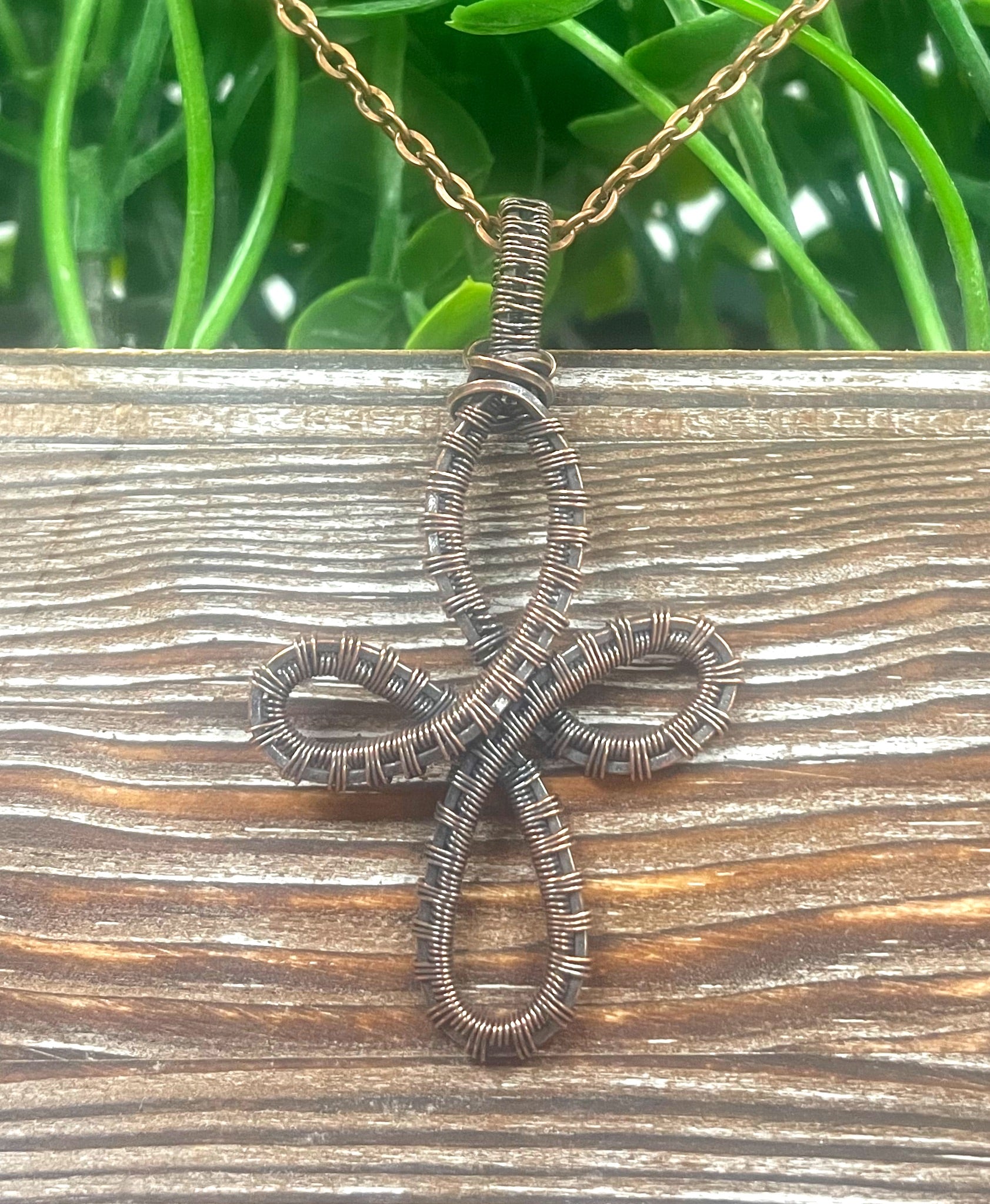 Wire Wrapped Celtic Cross Copper Pendant on a 21-inch cord, showcasing intricate oxidized copper wire design.