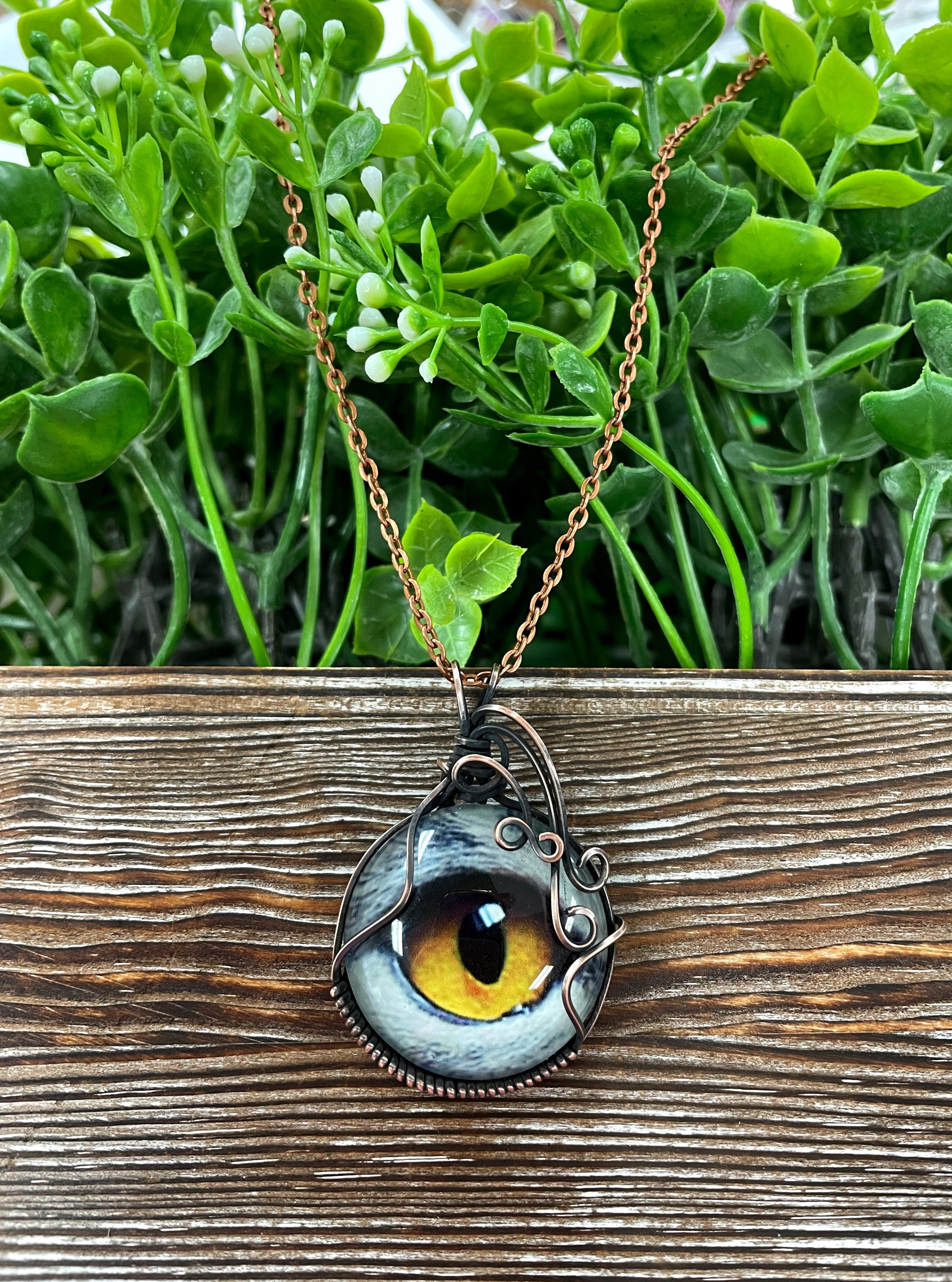 Wire Wrapped Graphic Art Owl Eye Glass Pendant featuring a detailed owl eye design in a glass cabochon, wrapped in oxidized copper wire.