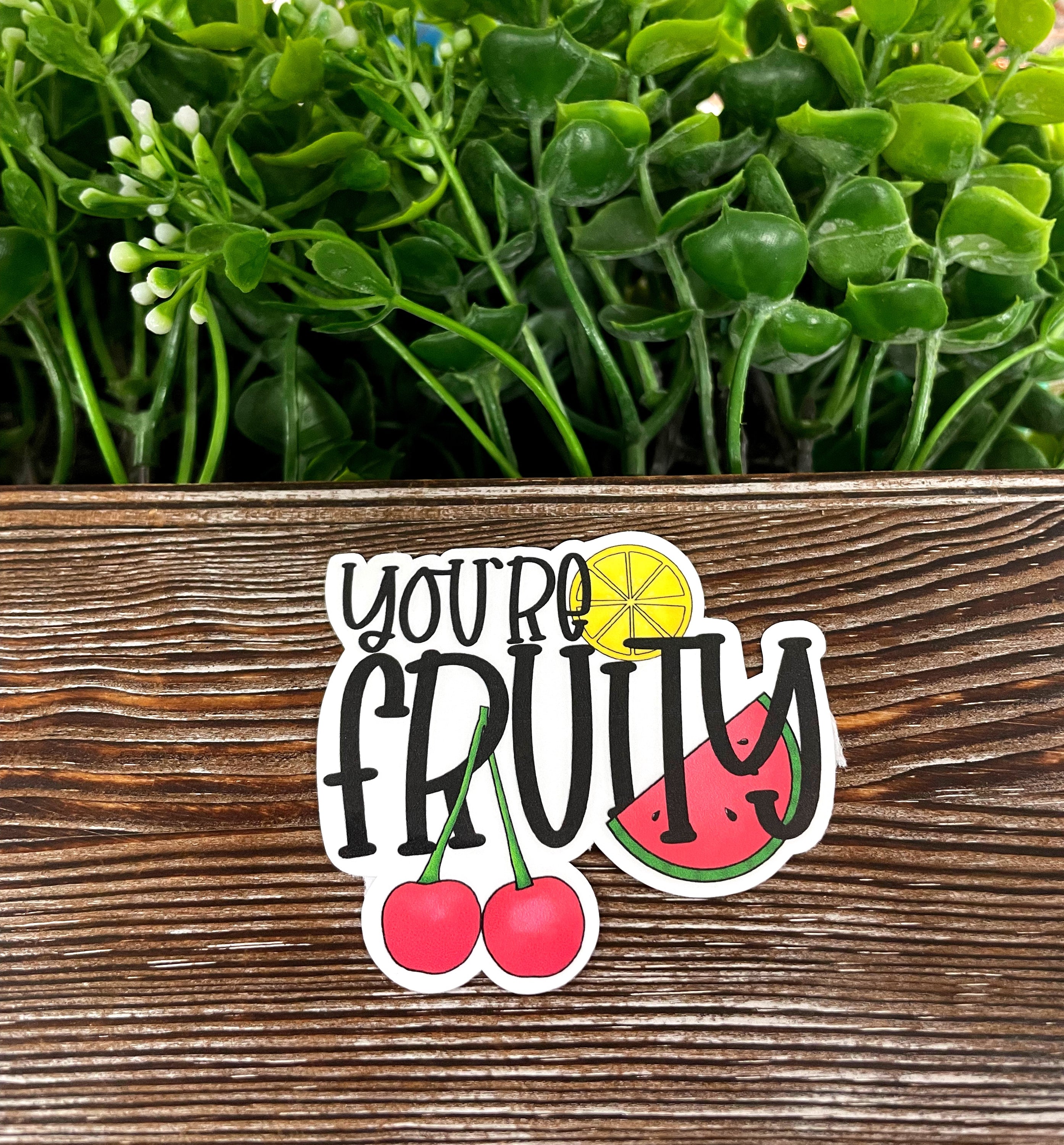 You're Fruity die cut sticker featuring vibrant colors and graphic art design, perfect for personalizing smooth surfaces.