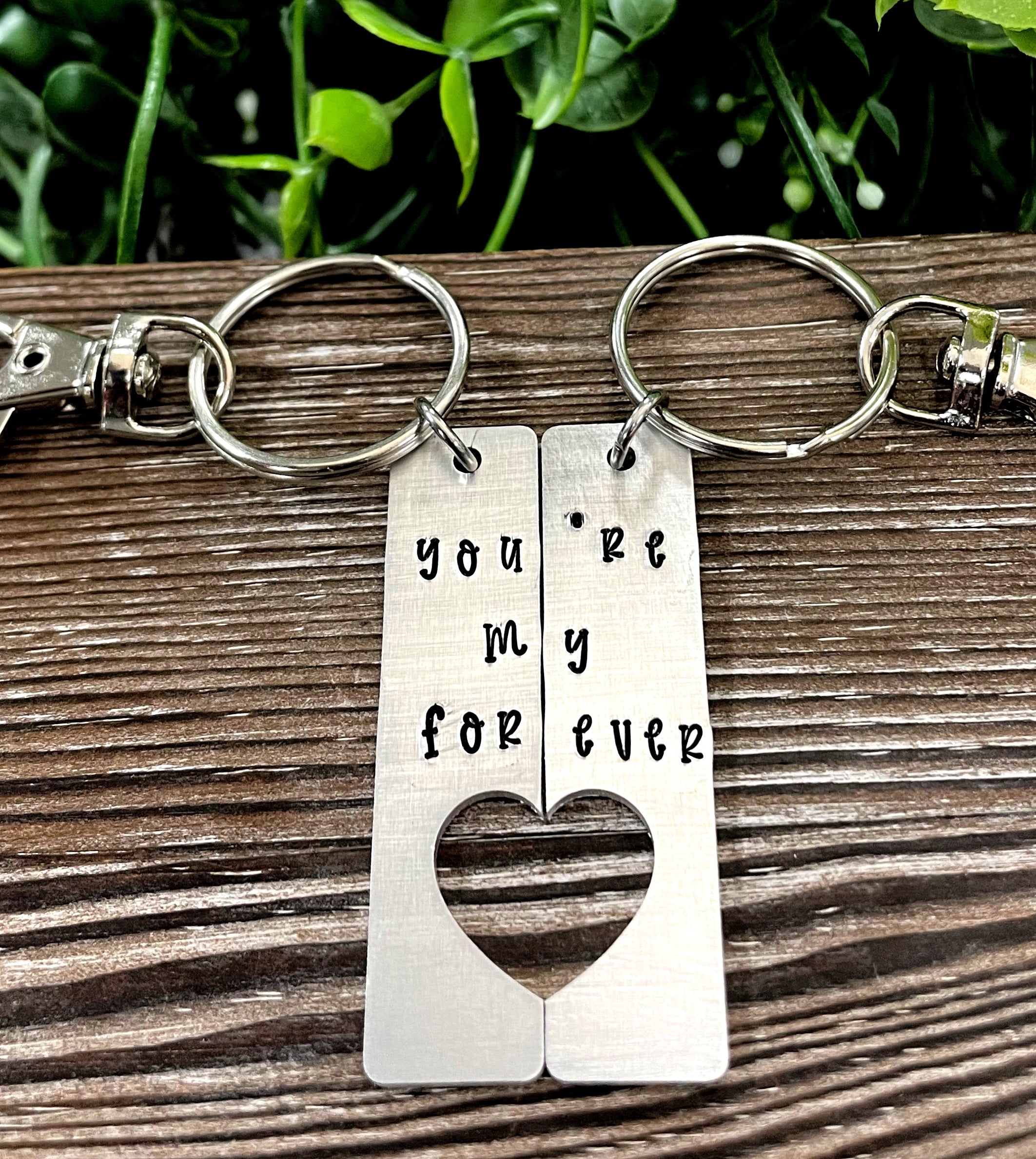 You’re My Forever Hand Stamped Key Chain Set featuring unique hand-stamped designs, perfect for expressing love and commitment.