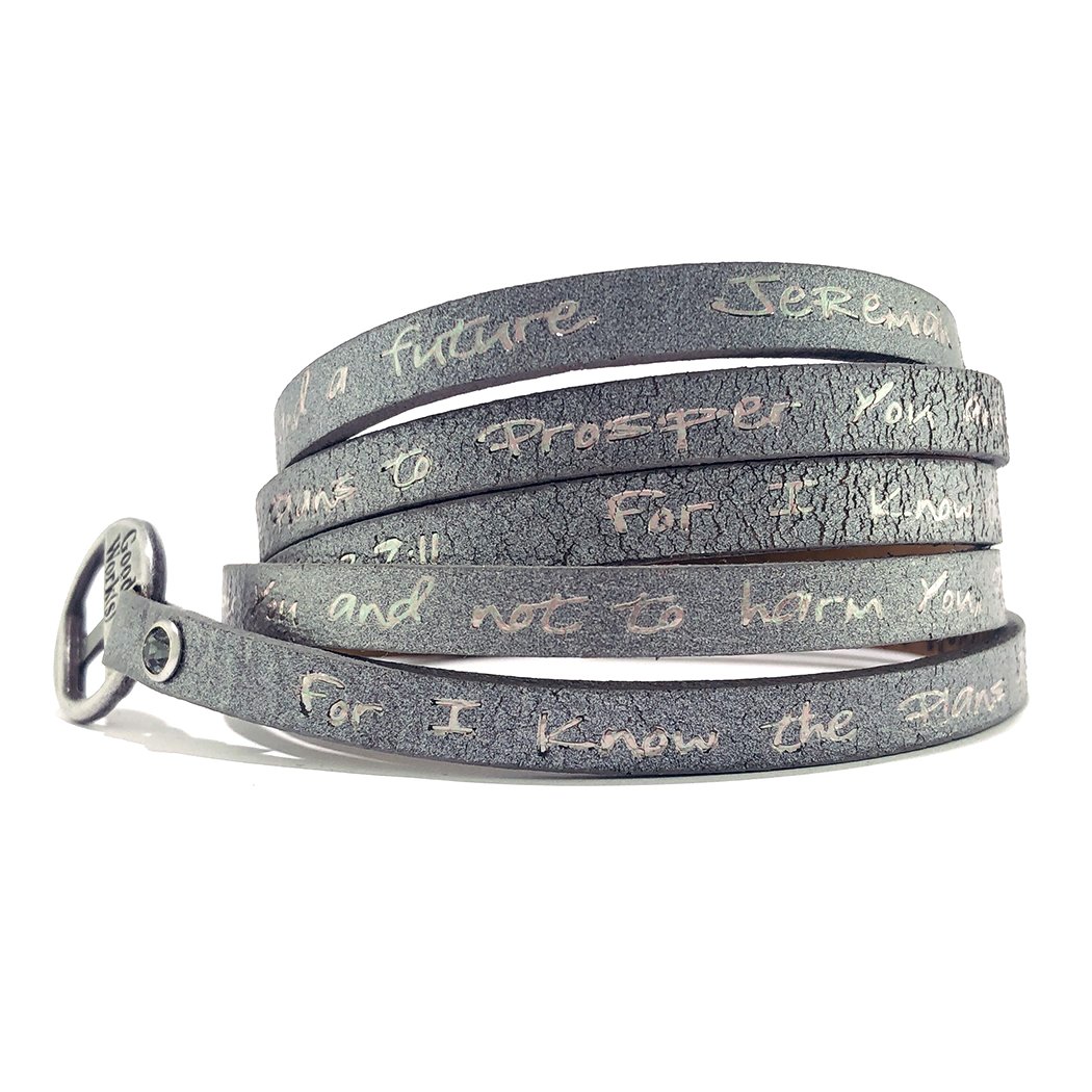 Dark gray wrap bracelet featuring Jeremiah 29:11 Bible verse, made of leather with a custom buckle.