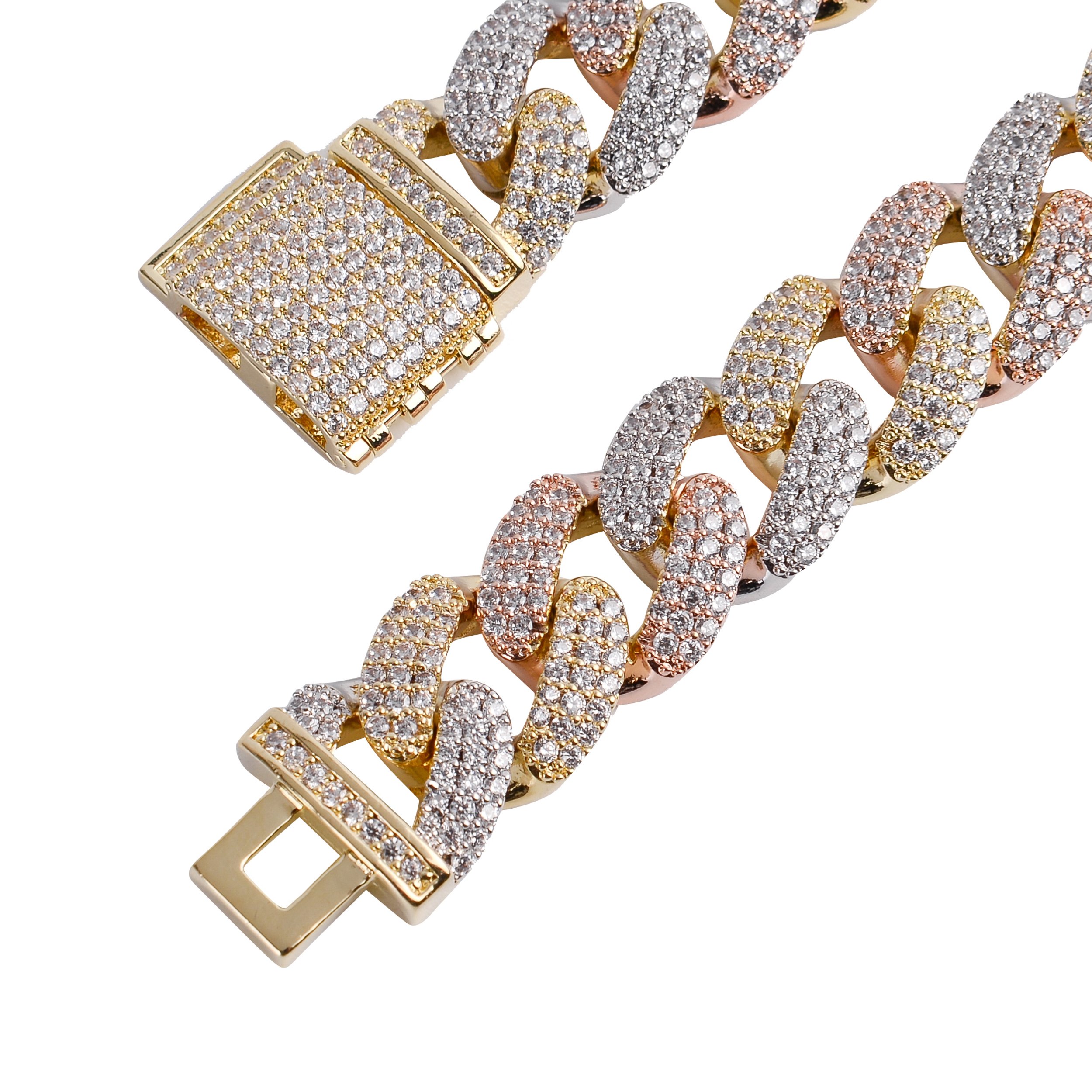 COLT 12MM Cuban Chain featuring luxurious Cubic Zirconia stones in a TRI-Color and Rose Gold finish, showcasing its bold 12 MM width and elegant design.
