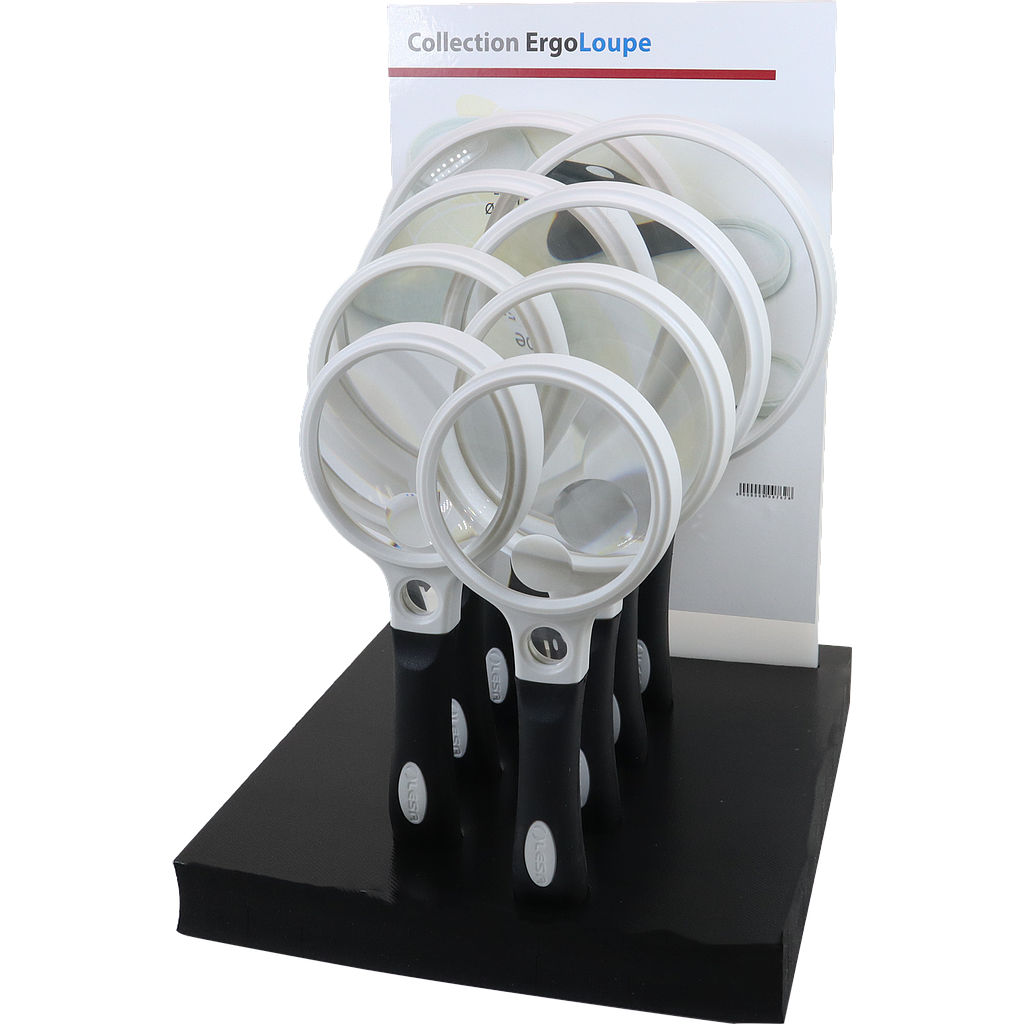 ErgoLoupe magnifier set featuring 8 pieces with various magnification levels and lens sizes, ideal for detailed work.