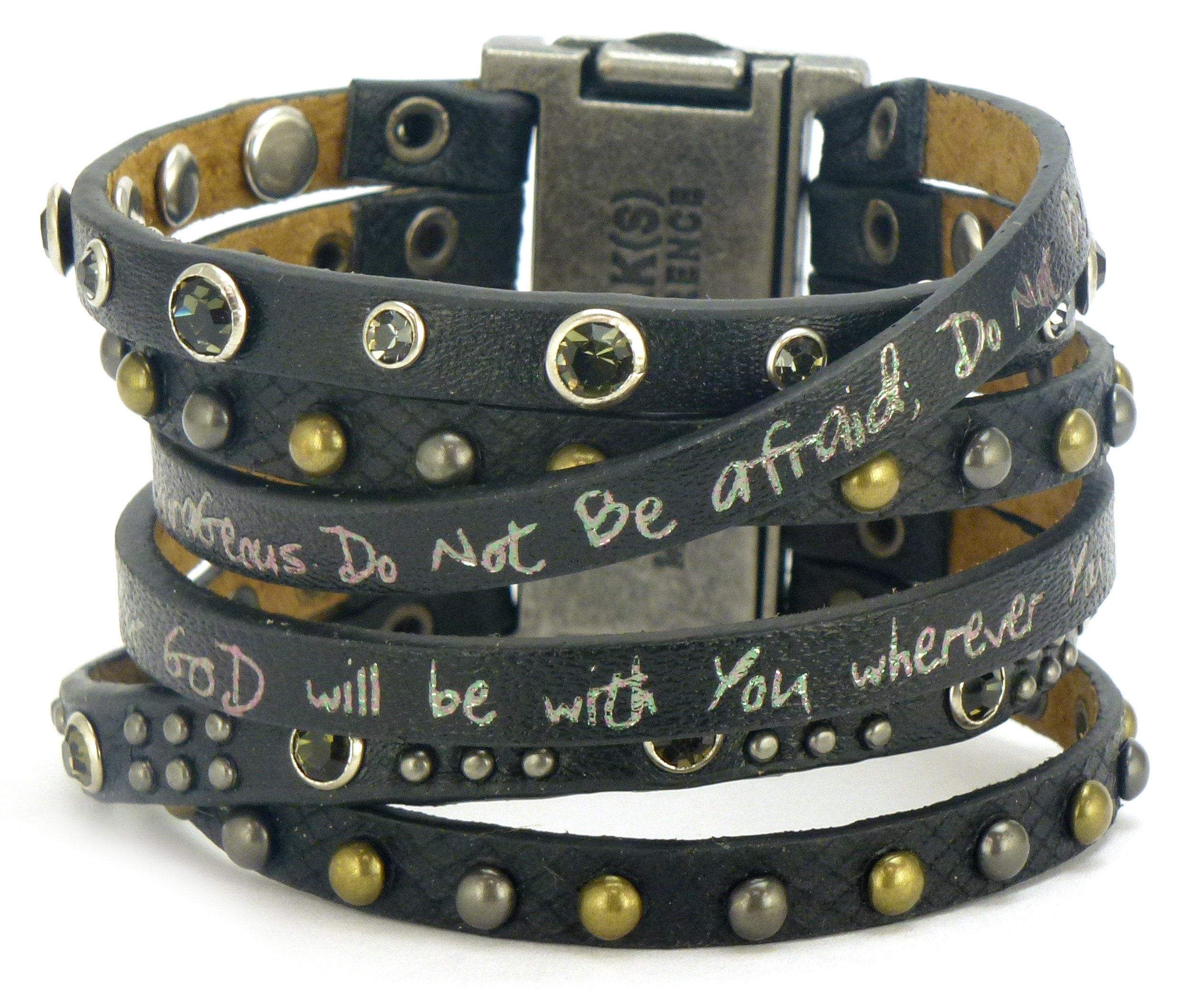 Black cuff bracelet featuring the inspirational Bible verse Joshua 1:9, designed for strength and courage.