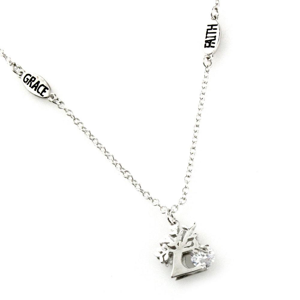 Elegant Life Tree of Life Necklace featuring a tree pendant with cubic zirconia stones, crafted from white brass.