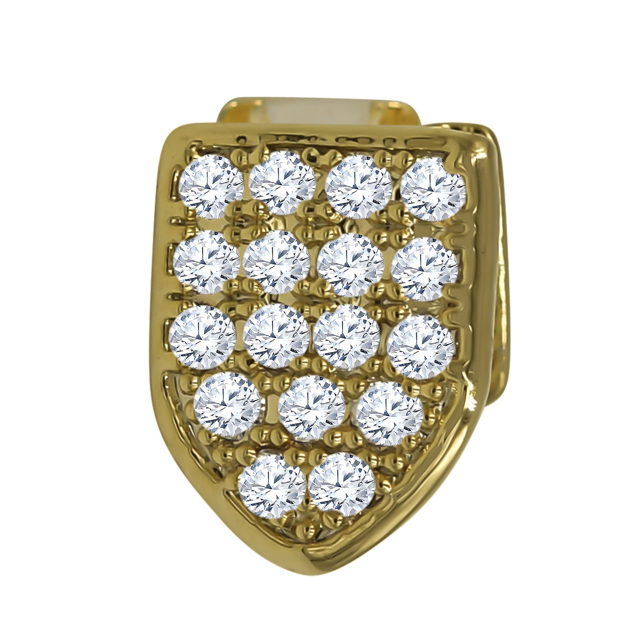 Single Tooth Grillz fully iced out with micropave design, available in rhodium and gold plating, displayed in an acrylic box.