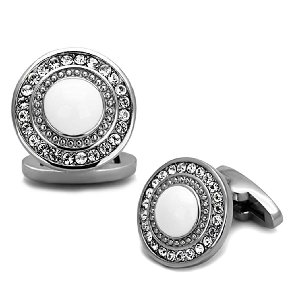 High polished stainless steel cufflink with clear top grade crystal centerpiece, showcasing elegance and sophistication.
