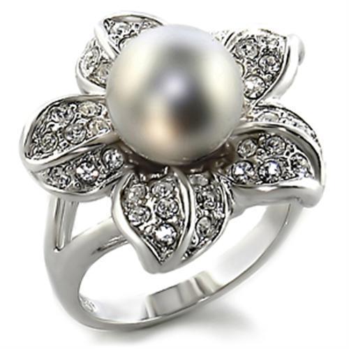 0C108 Rhodium Brass Ring featuring a gray synthetic pearl, showcasing its elegant design and luxurious finish.