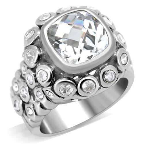 0C705 Rhodium Brass Ring featuring a clear AAA Grade CZ center stone, elegantly designed with a shiny finish.