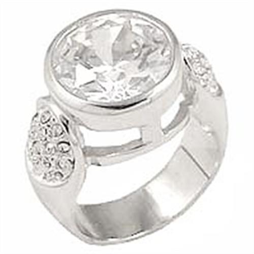 0G415 Rhodium Brass Ring featuring a large clear AAA Grade CZ stone, showcasing its elegant design and shiny finish.