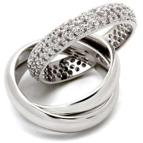 0W065 Rhodium Brass Ring featuring a clear AAA Grade CZ stone, showcasing its elegant design and shiny finish.