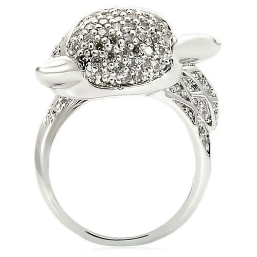 0W185 Rhodium Brass Ring featuring a clear AAA Grade CZ stone, showcasing its elegant design and luxurious finish.
