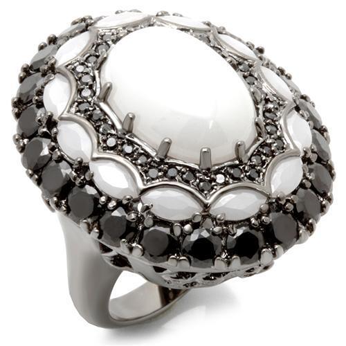 0W213 Ruthenium Brass Ring featuring a milky white cubic zirconia stone, elegantly designed with a sleek finish.