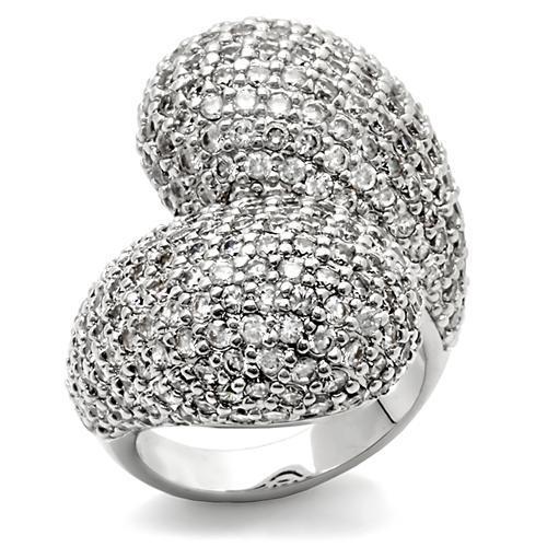 0W216 Rhodium Brass Ring featuring a clear AAA Grade CZ stone, showcasing its elegant design and shiny finish.