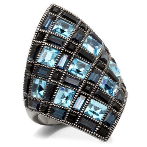 0W235 Ruthenium Brass Ring featuring a top-grade sea blue crystal, elegantly designed with a modern finish.