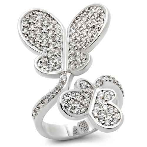 0W237 Rhodium Brass Ring featuring AAA Grade clear CZ stone, showcasing its elegant design and shiny finish.