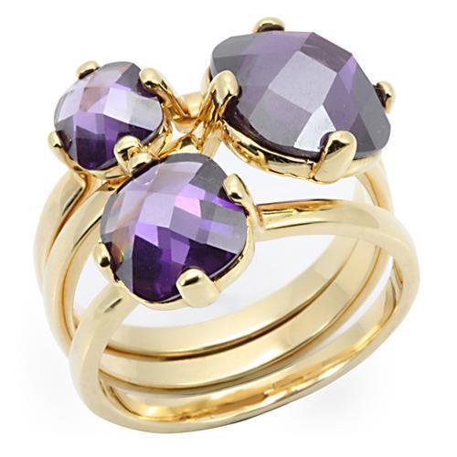 0W259 Gold Brass Ring featuring AAA Grade CZ stone in Amethyst color, showcasing its elegant design and luxurious gold plating.
