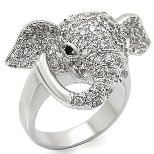 0W280 Rhodium Brass Ring featuring a top-grade jet crystal, showcasing its elegant design and luxurious finish.
