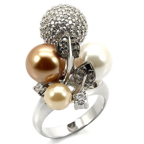 0W296 Rhodium and Ruthenium Brass Ring featuring a vibrant multi-color synthetic pearl, showcasing its elegant design and luxurious finish.