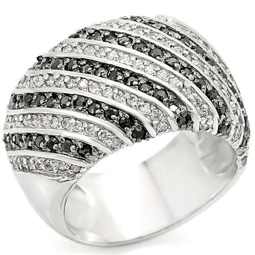0W351 Rhodium and Ruthenium Brass Ring featuring AAA Grade CZ in Jet color, showcasing its elegant design and sparkling center stone.