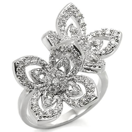 0W336 Rhodium Brass Ring featuring a clear AAA Grade CZ stone, showcasing its elegant design and shiny finish.