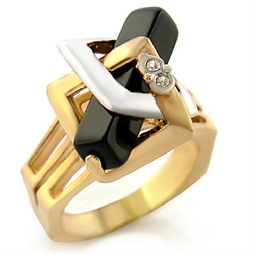 Gold and rhodium brass ring featuring a large semi-precious onyx stone in jet black color, showcasing an elegant design.
