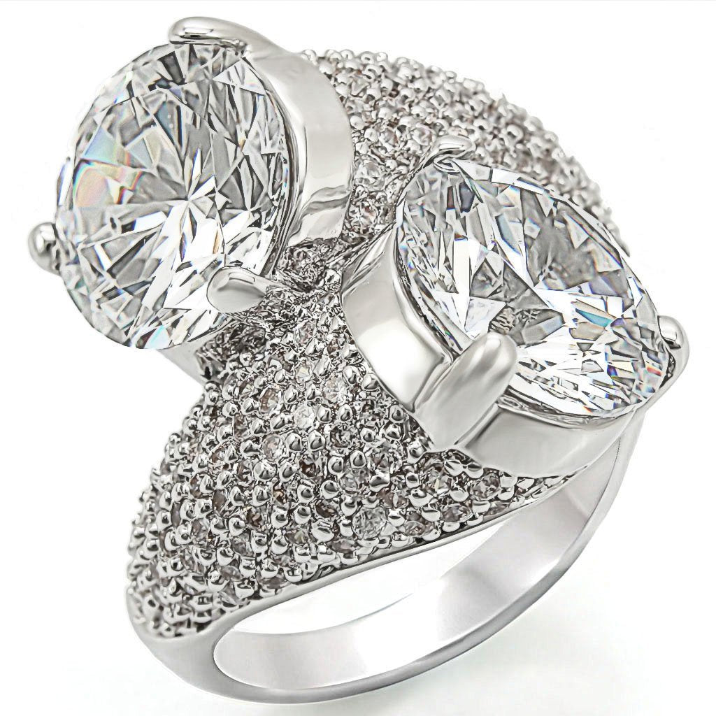 1W015 Rhodium Brass Ring featuring a clear AAA Grade CZ stone, showcasing its elegant design and luxurious finish.