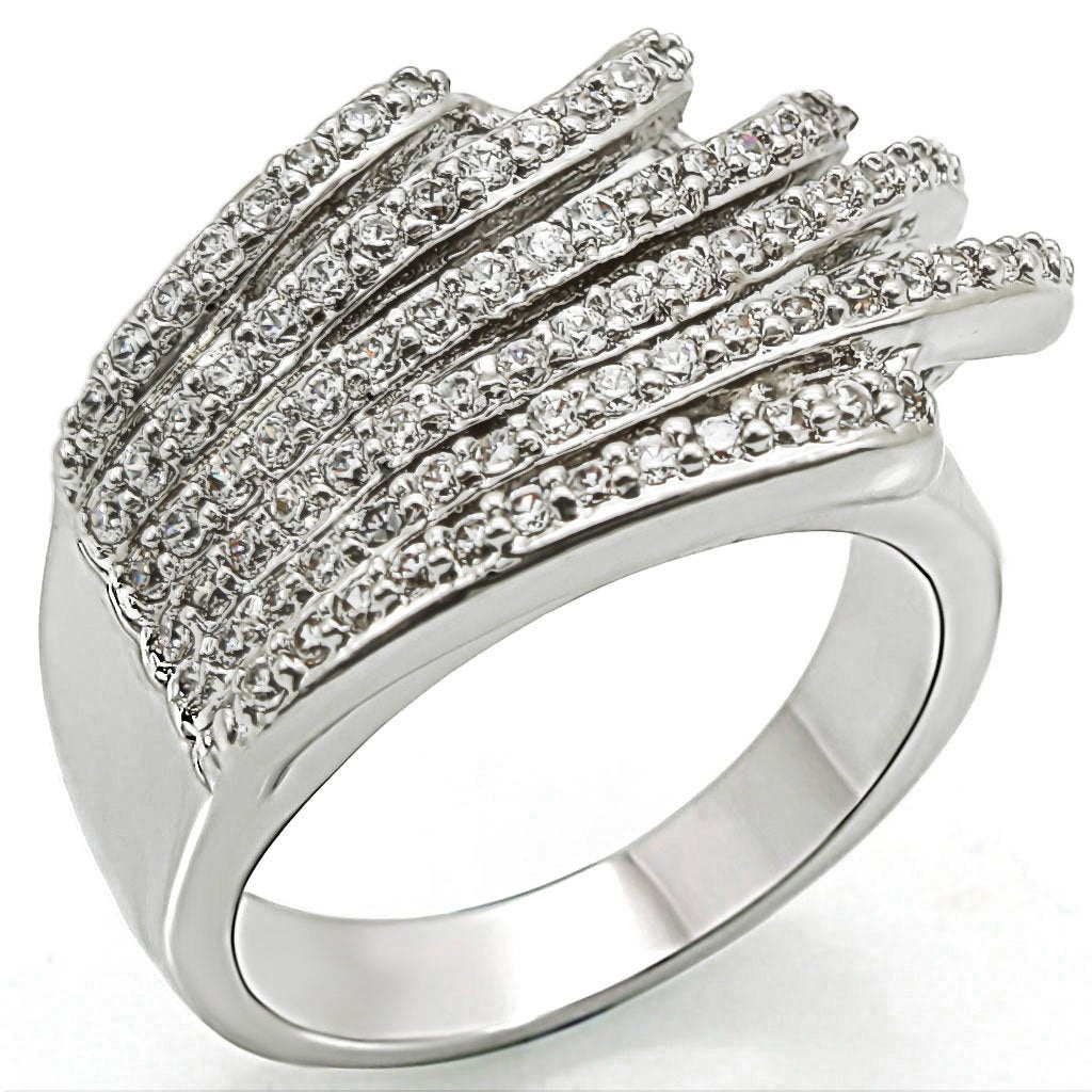 1W018 Rhodium Brass Ring featuring a clear AAA Grade CZ stone, showcasing its elegant design and shiny finish.
