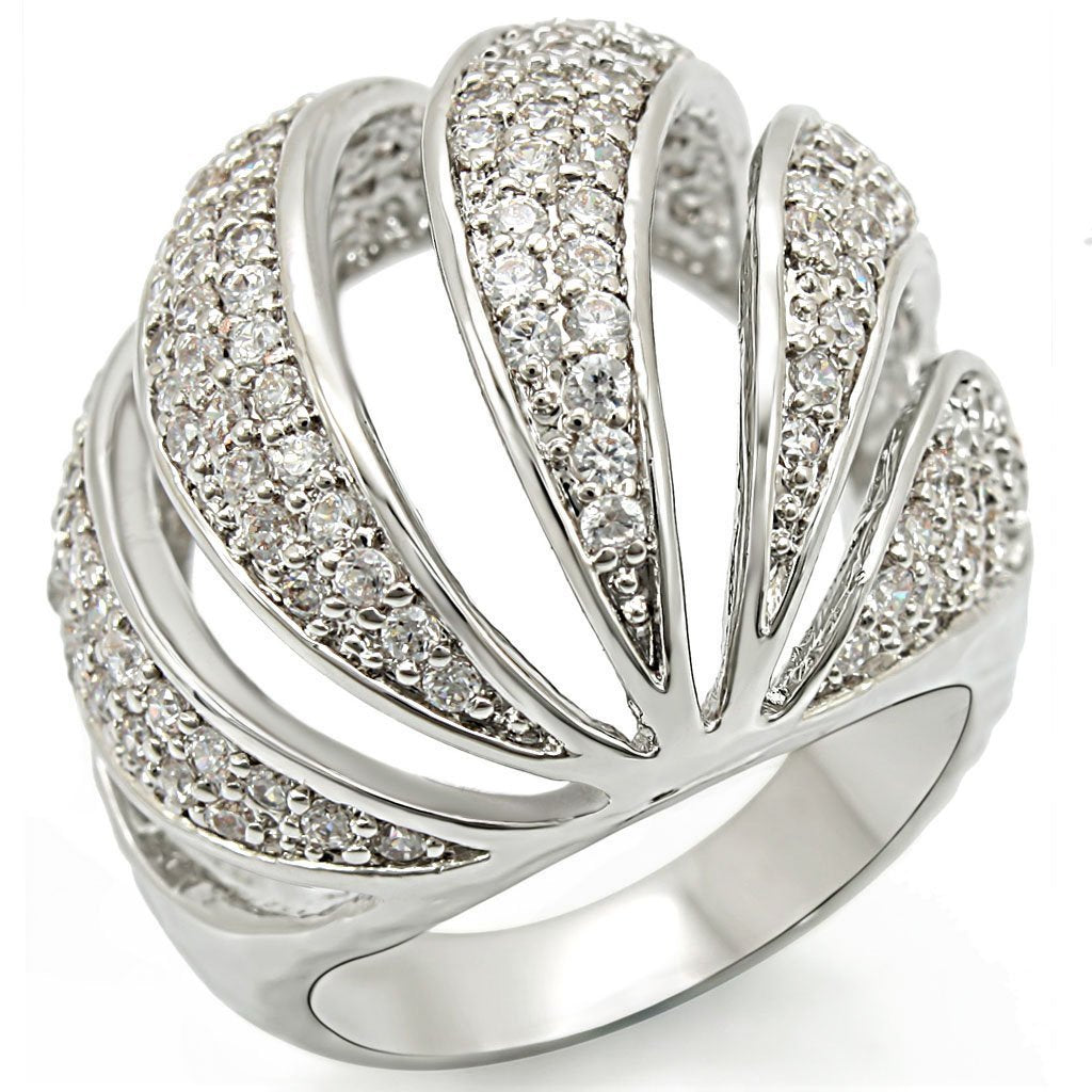 1W019 Rhodium Brass Ring featuring a clear AAA Grade CZ stone, showcasing its elegant design and shiny finish.