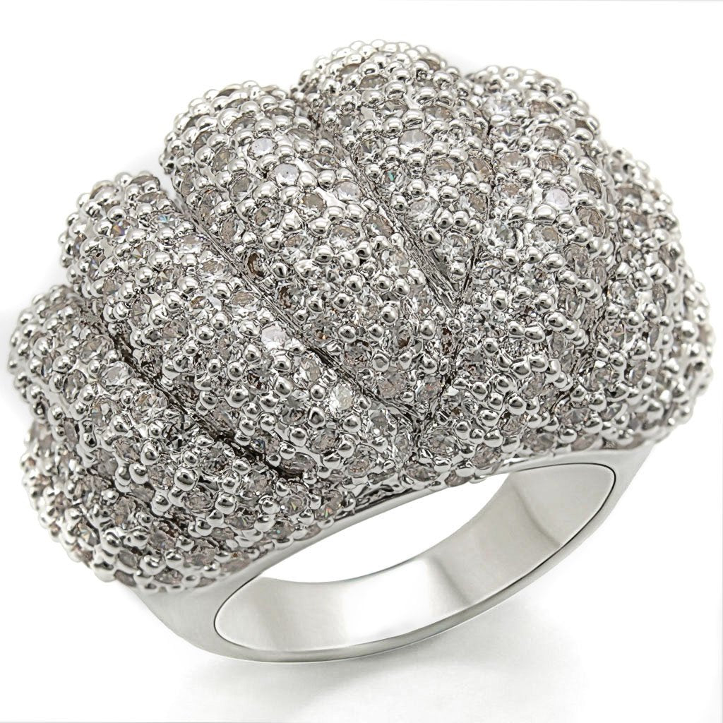 1W020 Rhodium Brass Ring featuring a clear AAA Grade CZ stone, showcasing its elegant design and luxurious finish.