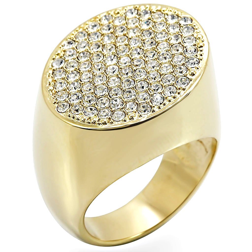 1W034 Gold Brass Ring featuring a clear top grade crystal, showcasing its elegant design and luxurious gold finish.