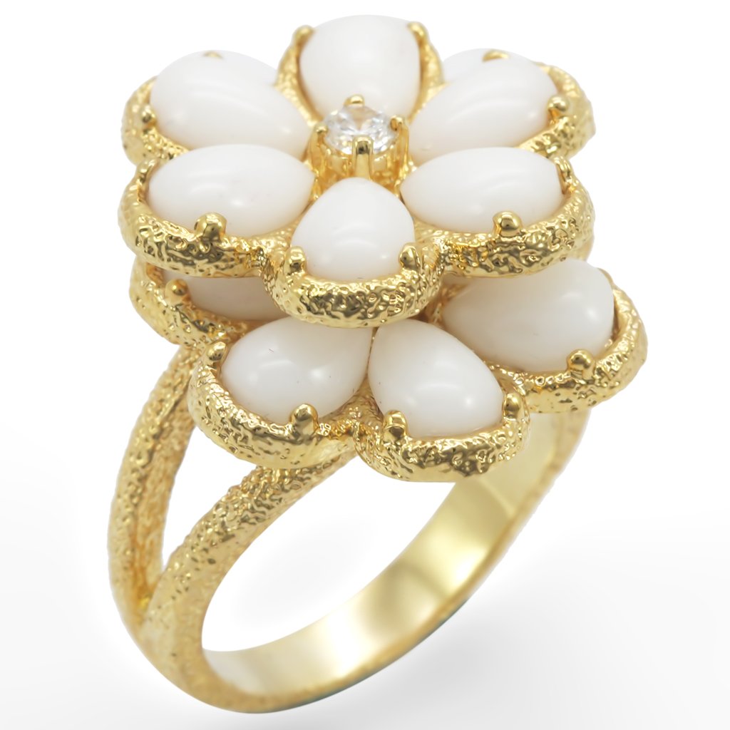 1W045 Gold Brass Ring featuring a white synthetic glass stone, elegantly designed for stylish wear.