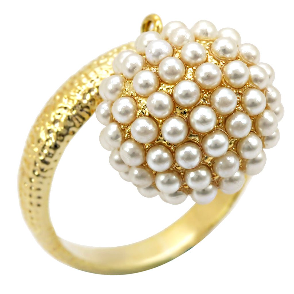 1W060 Gold Brass Ring featuring a synthetic pearl in vibrant citrine yellow, showcasing its elegant design and luxurious finish.