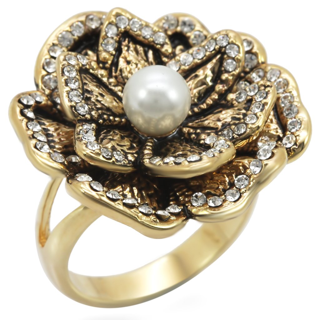 1W063 Gold Brass Ring featuring a synthetic pearl in vibrant citrine yellow, elegantly designed for a luxurious look.