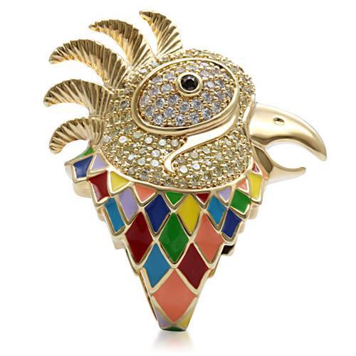 1W087 Gold Brass Ring featuring a multi-color AAA Grade CZ stone, elegantly designed with a gold finish.