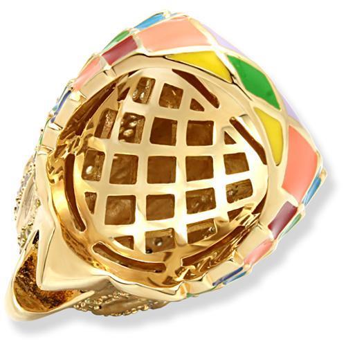 1W087 Gold Brass Ring featuring a multi-color AAA Grade CZ stone, elegantly designed with a gold finish.