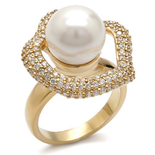 1W103 Gold Brass Ring featuring a beautiful synthetic pearl in white, showcasing its elegant design and luxurious finish.