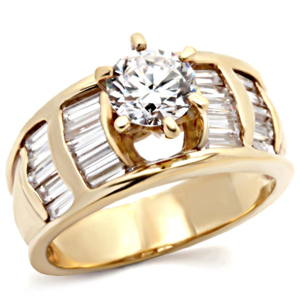1W159 Gold Brass Ring featuring a clear AAA Grade CZ stone, elegantly designed for any occasion.