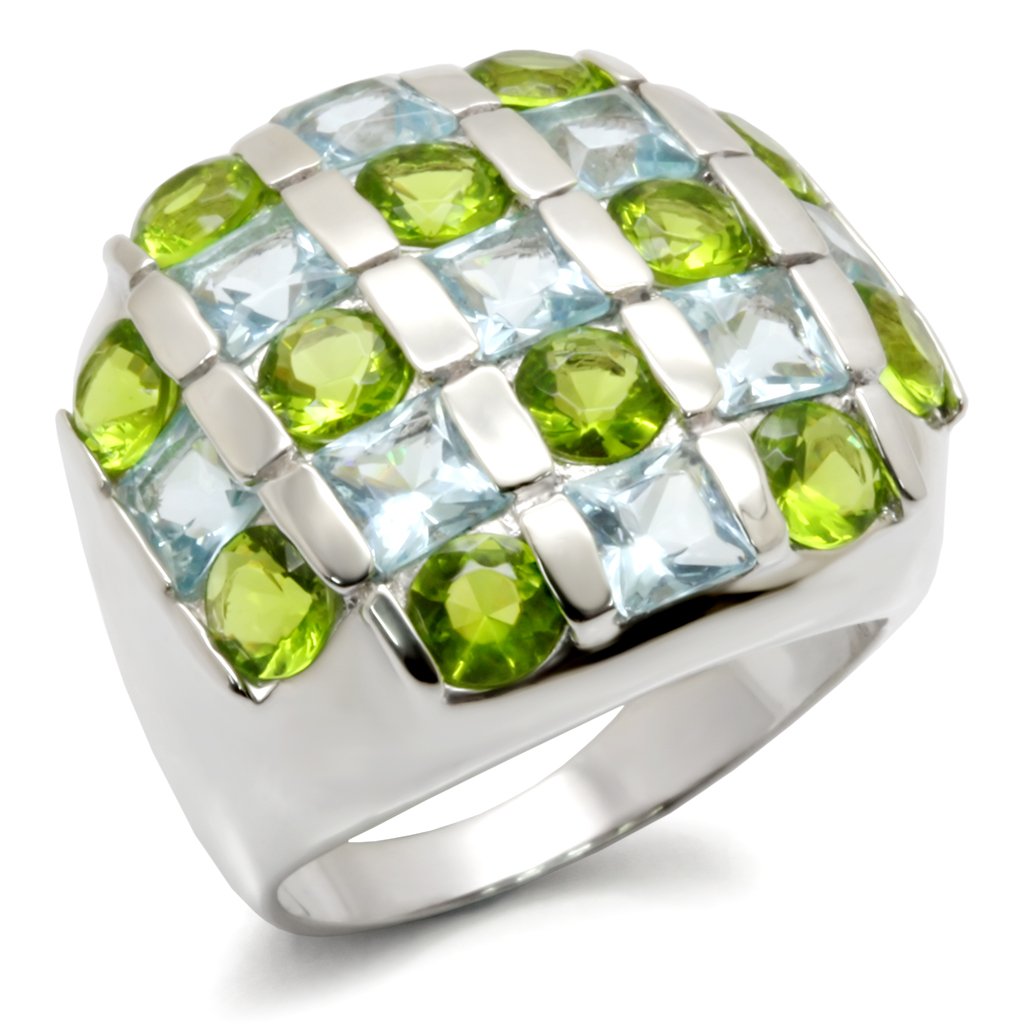 A high-polished 925 sterling silver ring featuring multi-color AAA grade CZ stones, showcasing elegance and craftsmanship.