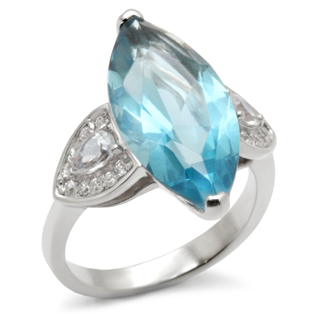 High-polished 925 sterling silver ring featuring a sea blue synthetic spinel, showcasing its elegant design and craftsmanship.