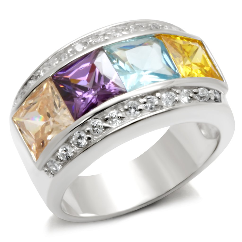High-Polished 925 Sterling Silver Ring featuring a vibrant multi-color AAA Grade CZ stone, showcasing elegance and craftsmanship.