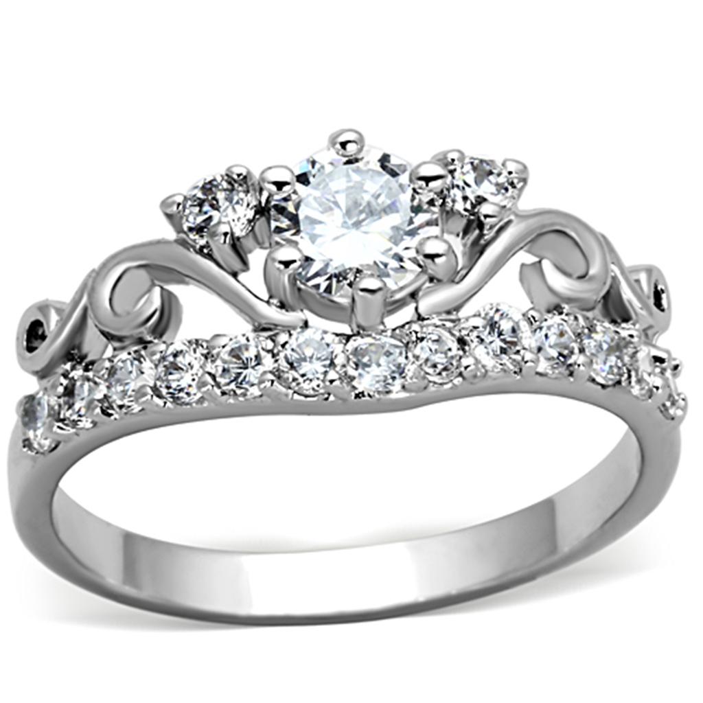 3W483 Rhodium Brass Ring featuring a clear top grade crystal, showcasing its elegant design and shiny finish.