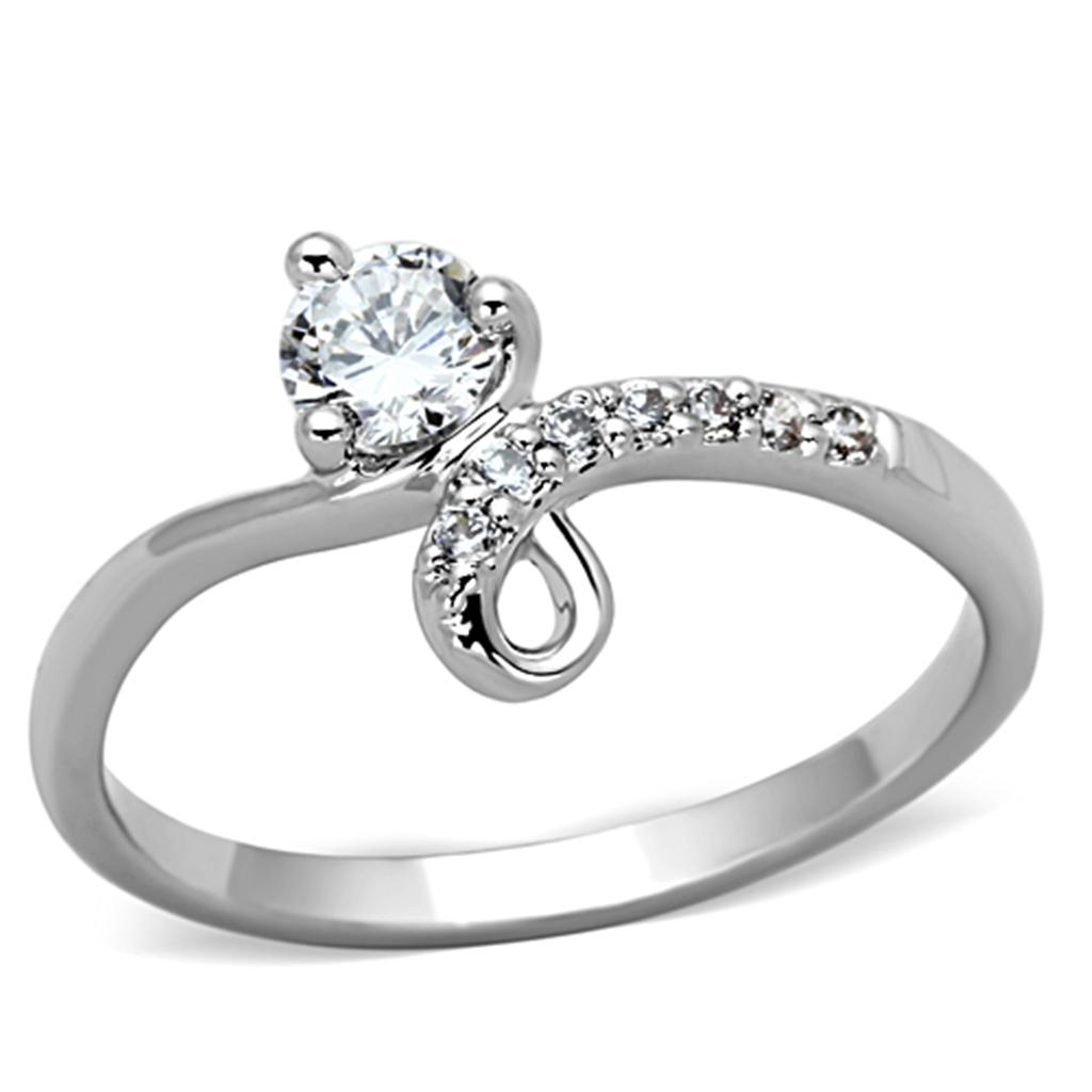 3W497 Rhodium Brass Ring featuring a clear AAA Grade CZ stone, showcasing its elegant design and shiny finish.