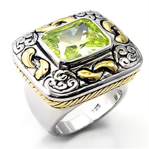 7X244 Reverse Two-Tone 925 Sterling Silver Ring with apple green AAA grade CZ stones, showcasing its elegant design and craftsmanship.