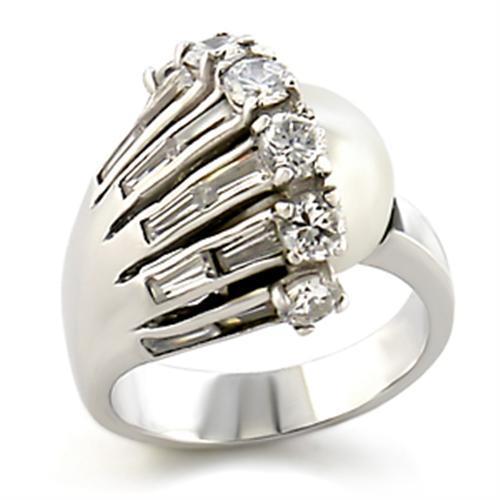 9W010 Rhodium Brass Ring featuring a synthetic white pearl, showcasing its elegant design and luxurious finish.