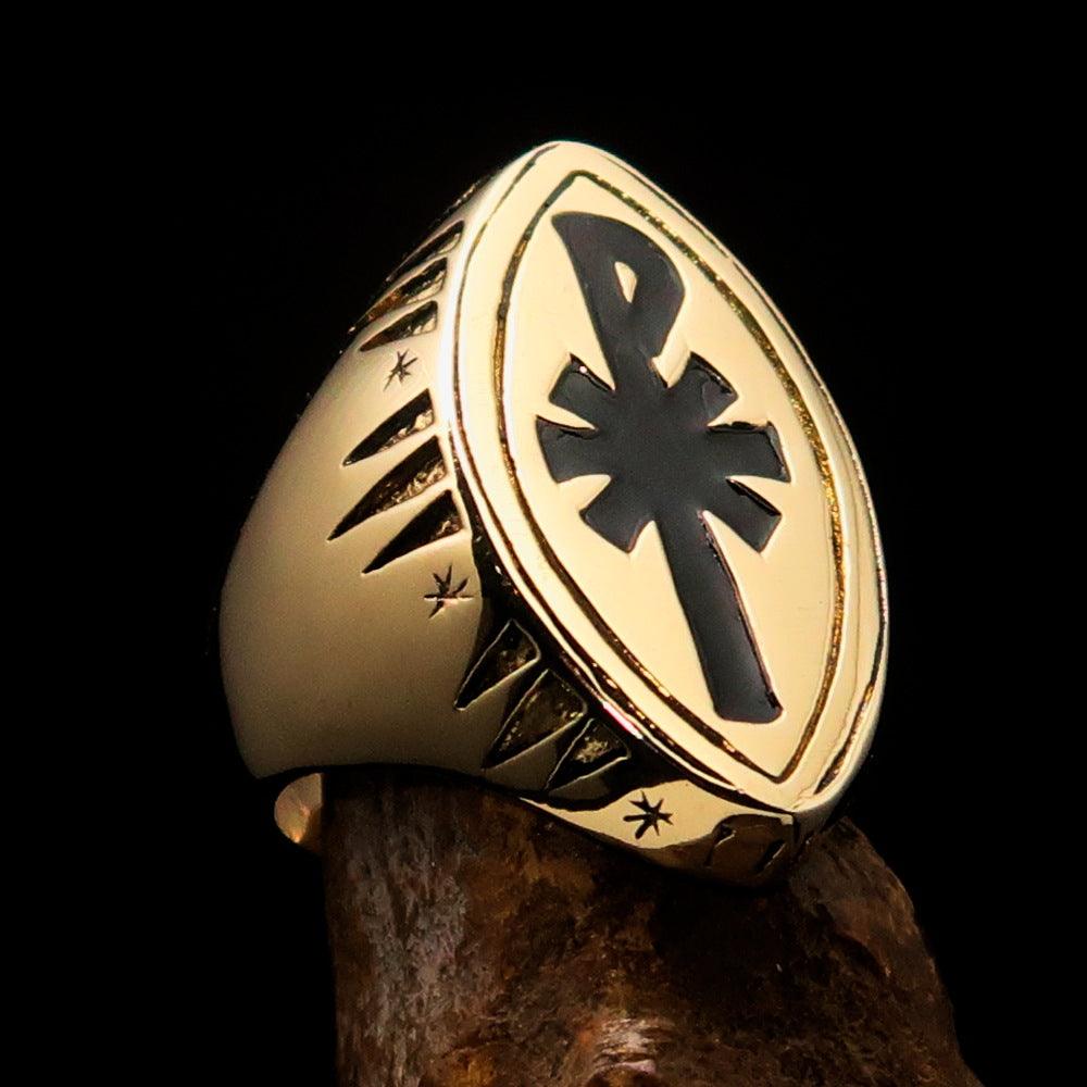 Ancient Christian Monogram Men's Cross Ring featuring a black Chi Rho XP design, crafted from solid brass with a high polished finish.
