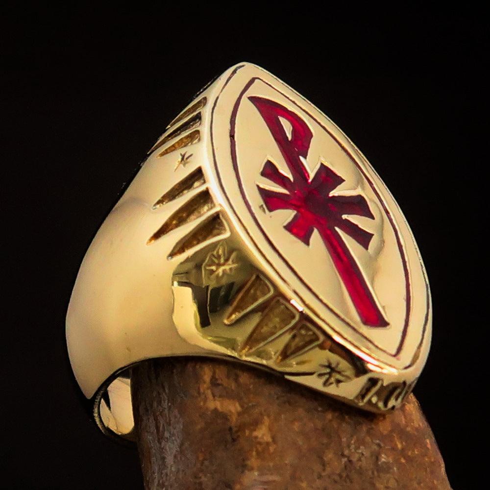 Ancient Christian Monogram Men's Cross Ring featuring red Chi Rho XP design, crafted from solid brass with a high polished finish.