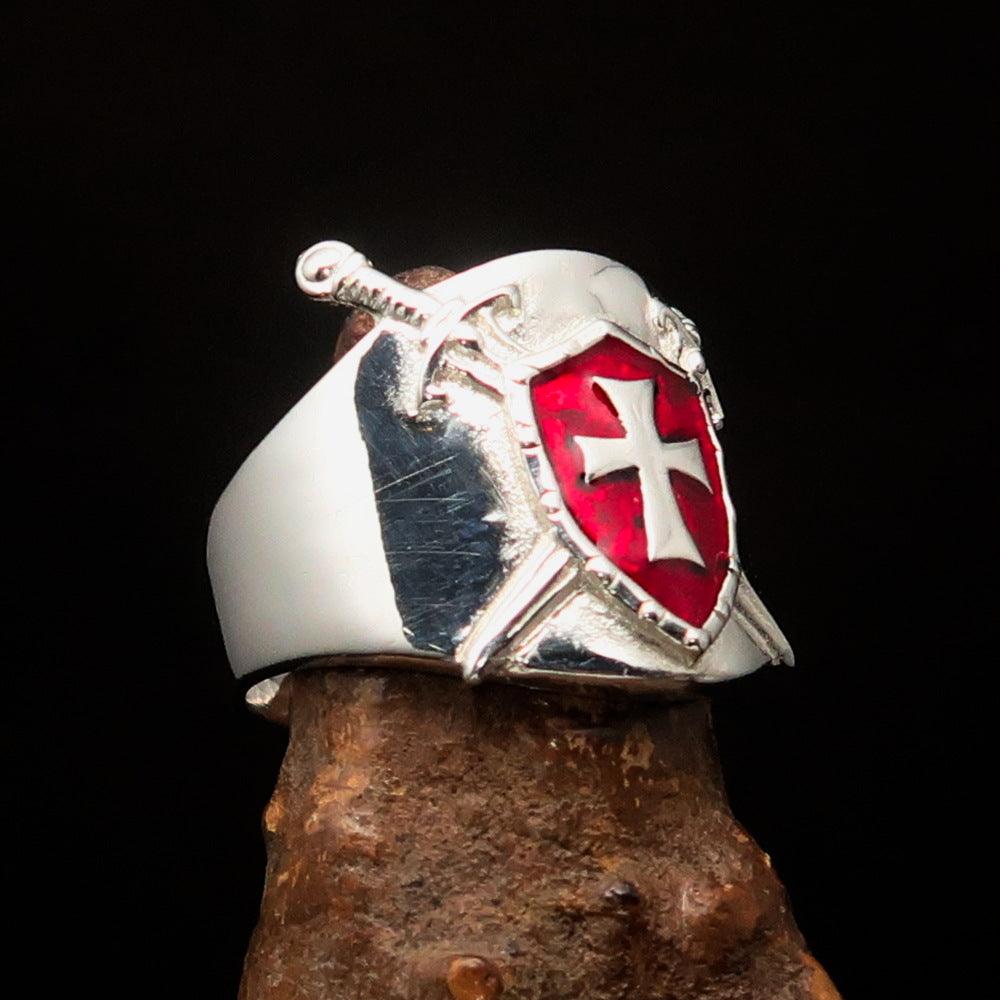 Crossed Swords Men's red Knights Templar Cross Ring made of high-polished sterling silver with red enamel detailing.