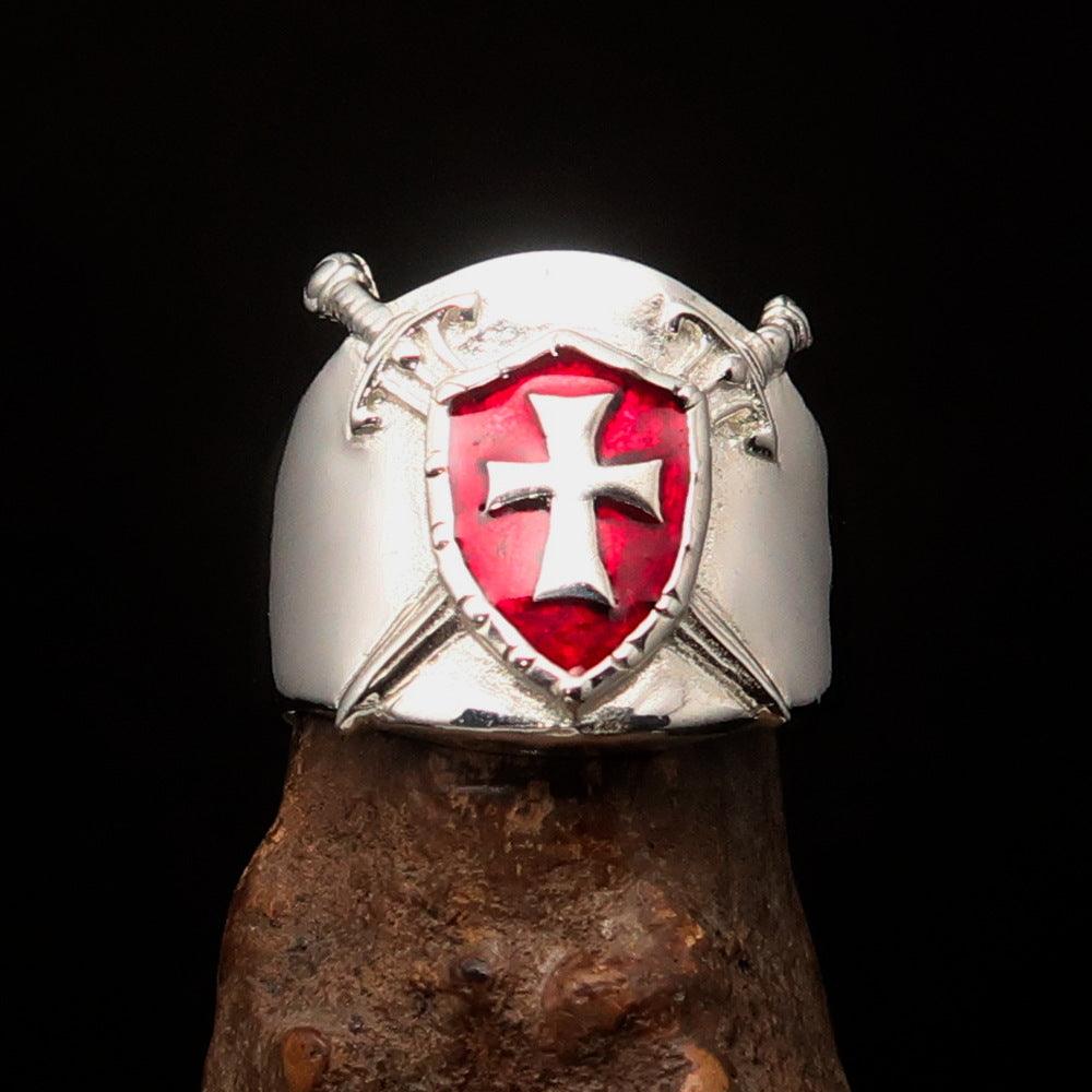 Crossed Swords Men's red Knights Templar Cross Ring made of high-polished sterling silver with red enamel detailing.