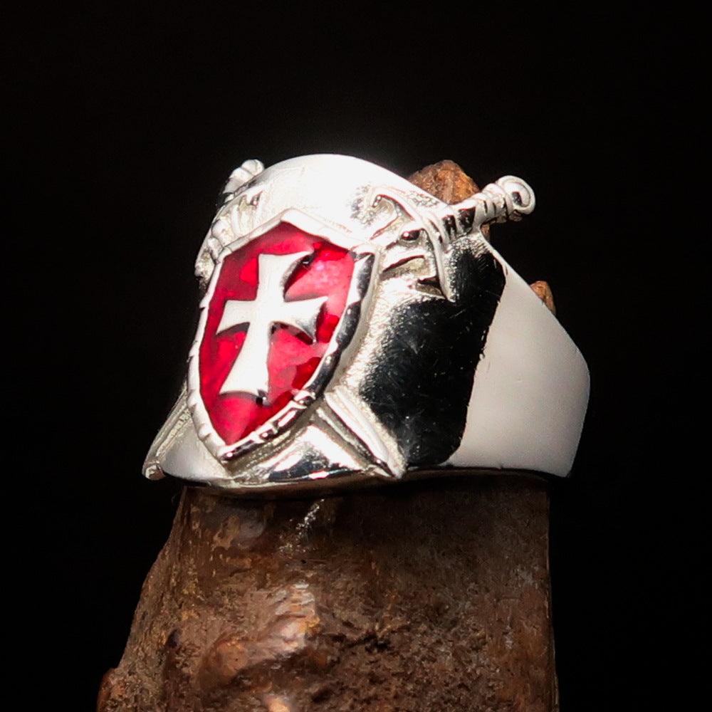 Crossed Swords Men's red Knights Templar Cross Ring made of high-polished sterling silver with red enamel detailing.